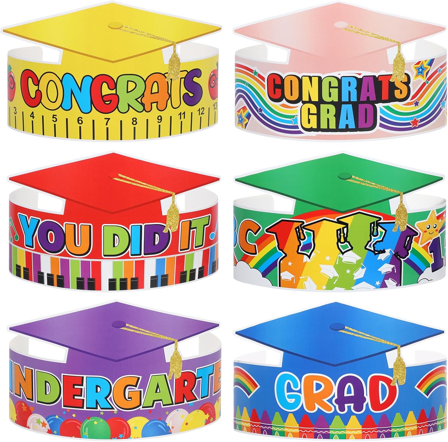 24 Pcs Kindergarten Grad Hats Preschool Graduation Paper Caps Class of 2025 Congrats Grad Crowns for Kids Kindergarten, Graduation Favors and Party Colorful Photo Props