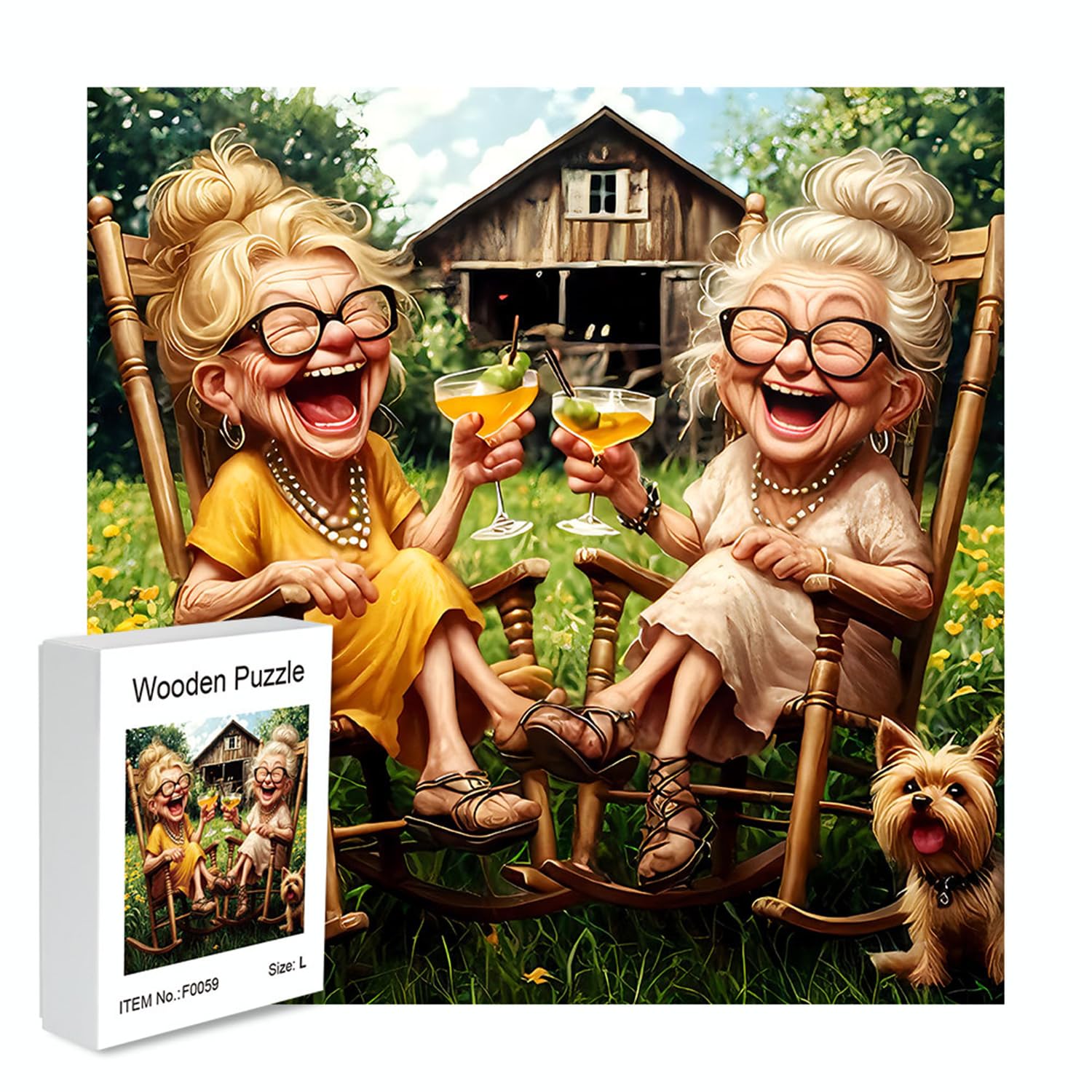 Kymo Funny Old Ladies Wooden Jigsaw Puzzle for Adults, Whimsical Art Wood Puzzle, Challenging Irregular Jigsaw for Home Decor & Leisure (F59-L)