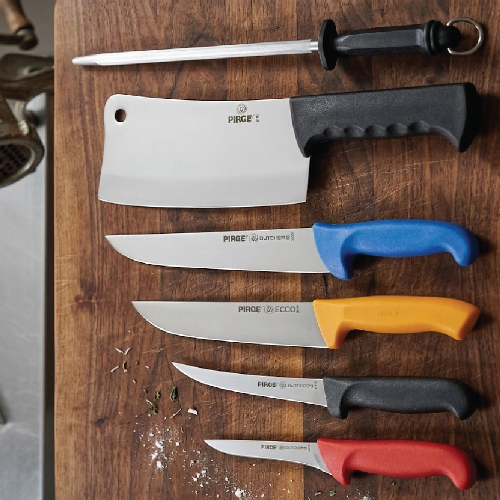 Pirge Set di coltelli da macellaio, 6 pezzi: mannaie - coltello per disossare - acciaio per affilare - coltelli da cucina professionali in acciaio inossidabile - design ergonomico