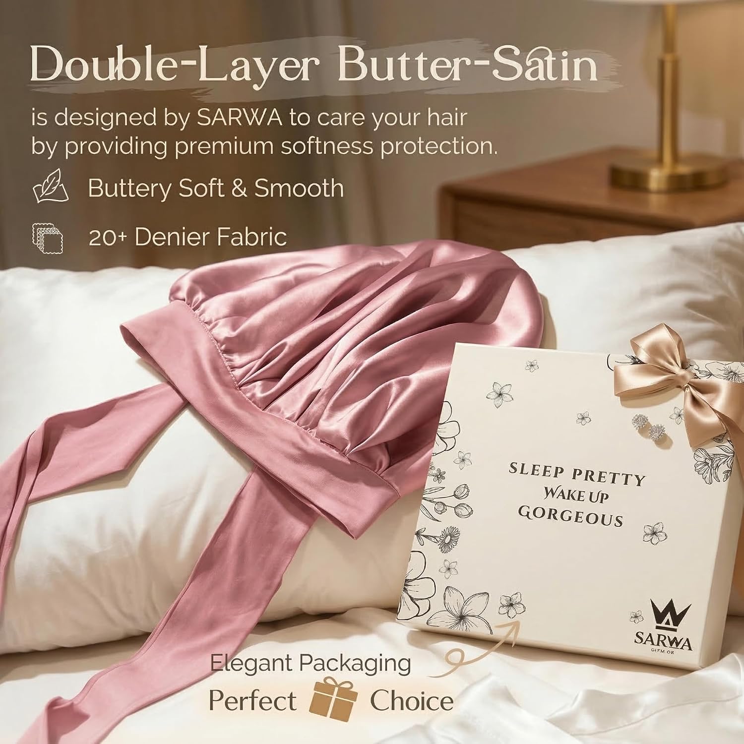 Sarwa Adjustable Satin Bonnet for Sleeping Women Silk Hair Bonnet for Curly Hair Double Layer Hair Wrap Reduce Frizzr