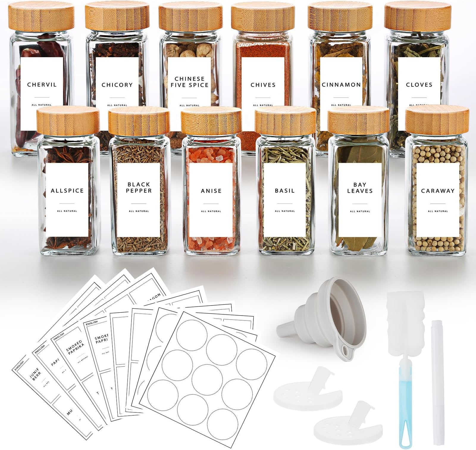 12 Spice Jar, 120ml Kitchen Glass Spice Jars with Bamboo Lids,Spice Bottles for Home Kitchen Spice, Spice Containers with 246 Label, Pen, Hose Brush, Silicone Funnels (12)