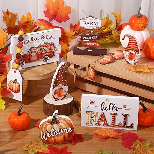 Miniatura 4 de Juego de 12 piezas de decoración de bandejas escalonadas de madera con texto en inglés "Hello Fall Pumpkin Gnomo", letreros para otoño, vacaciones,