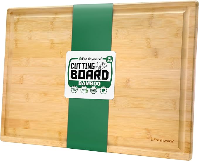 Freshware Freshware Bamboo Cutting Boards for Kitchen with Juice Groove [Set of 2] Wood Cutting Board for Chopping Meat, Vegetables, Fruits, Cheese, Knife Friendly Serving Tray with Handles