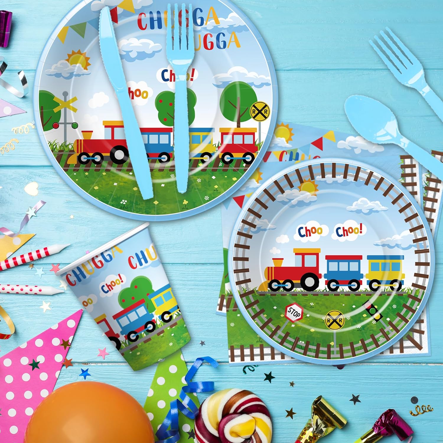APOWBLS Train Birthday Party Supplies Tableware, Chugga Choo Train 1st 2nd 3rd Birthday Decorations, Paper Plate, Cup, Napkin, Disposable Cutlery, Straw, Tablecloth | 24 Guests - Image 4