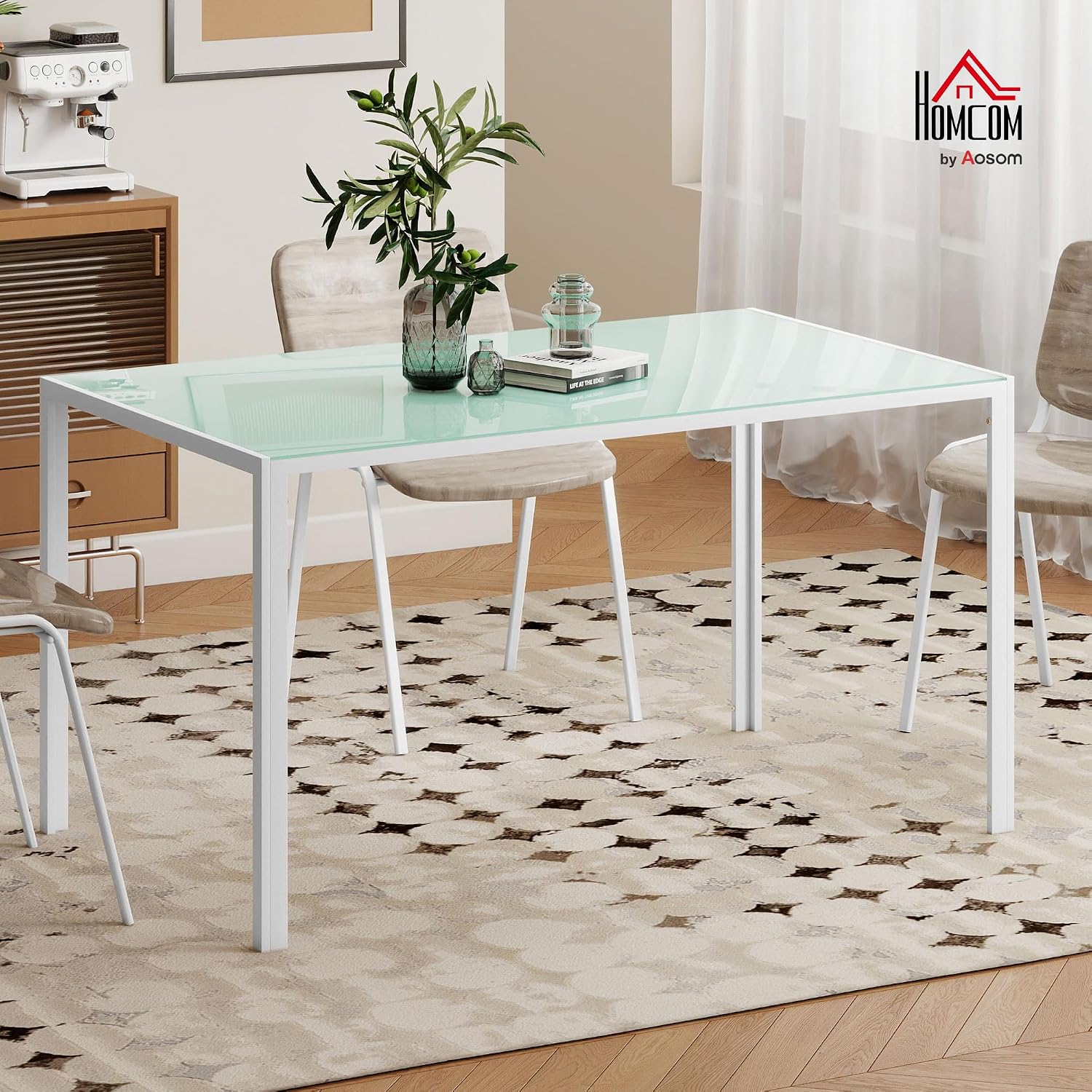 Fully assembled HOMCOM glass dining table in a modern dining room setting.