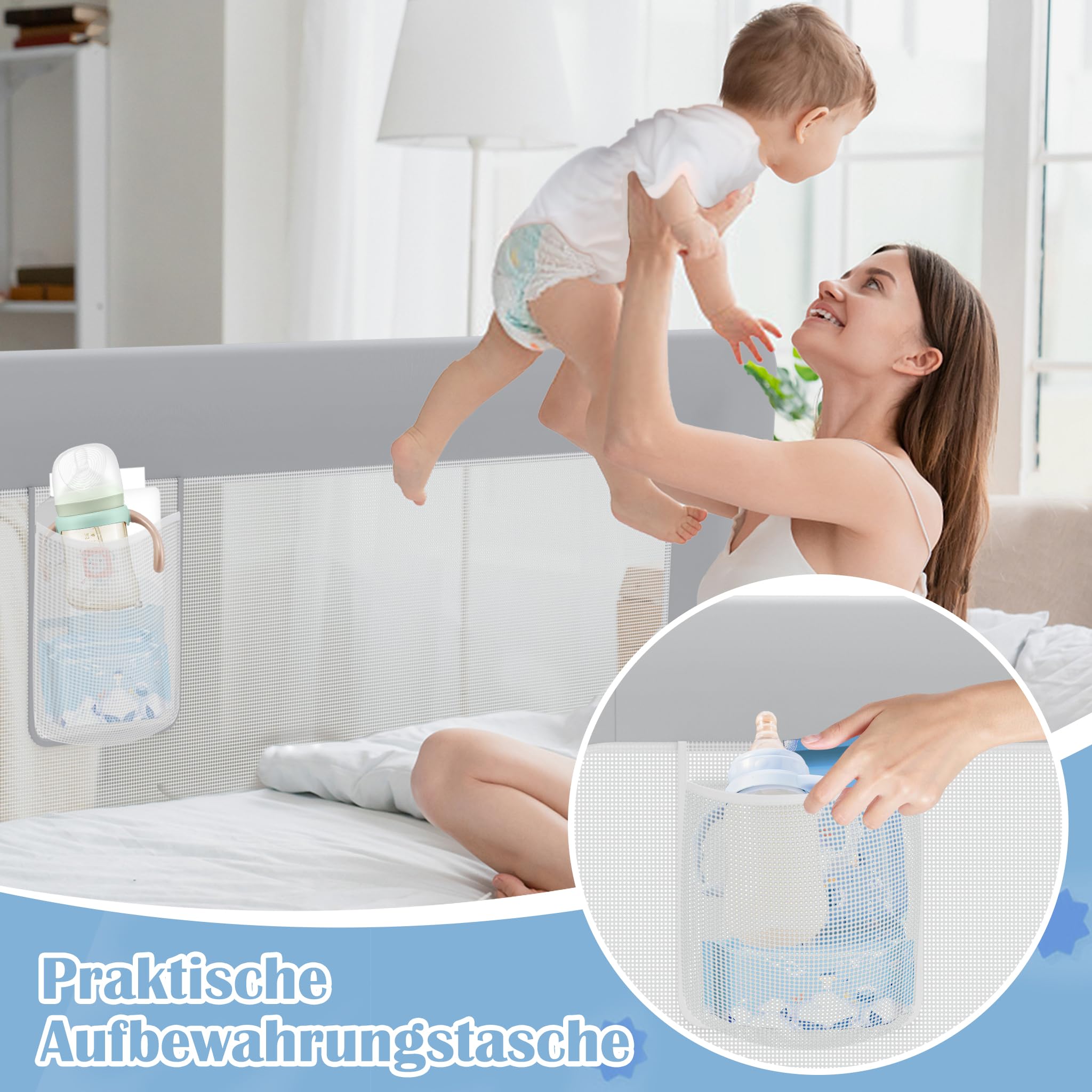 NAIZY Rausfallschutz Bett Rail 180cm Klappbar Bettgitter Baby mit Aufbewahrungstaschen, Bettschutzgitter Höhenverstellbar Kinderbettgitter für Kinderbetten, Elternbetten (Grau)