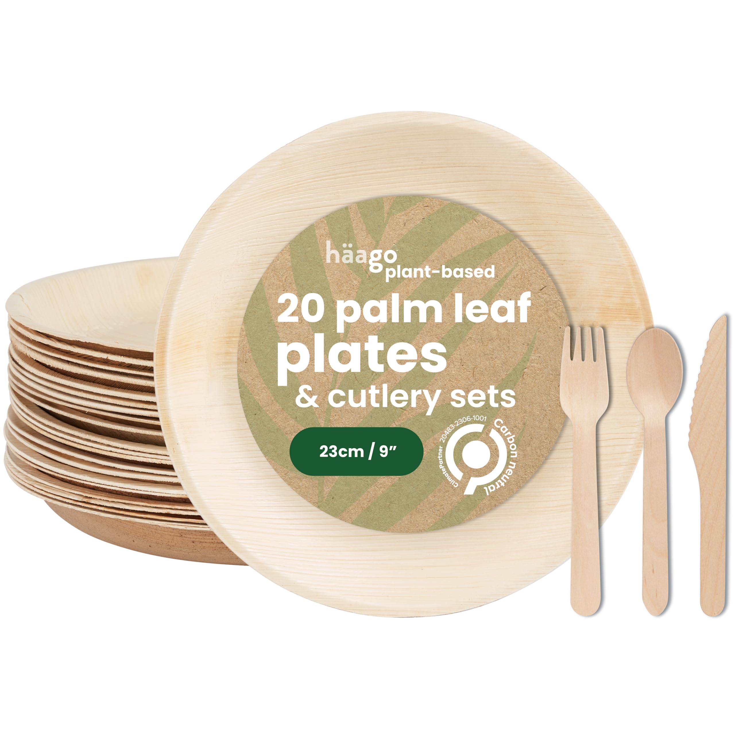 HAAGO 20 Sets Palm Leaf Plates with Wooden Bamboo Cutlery (80 Counts) 20 Square Plates 60 Forks Spoons Knives, Better than Plastic, Paper, Bamboo