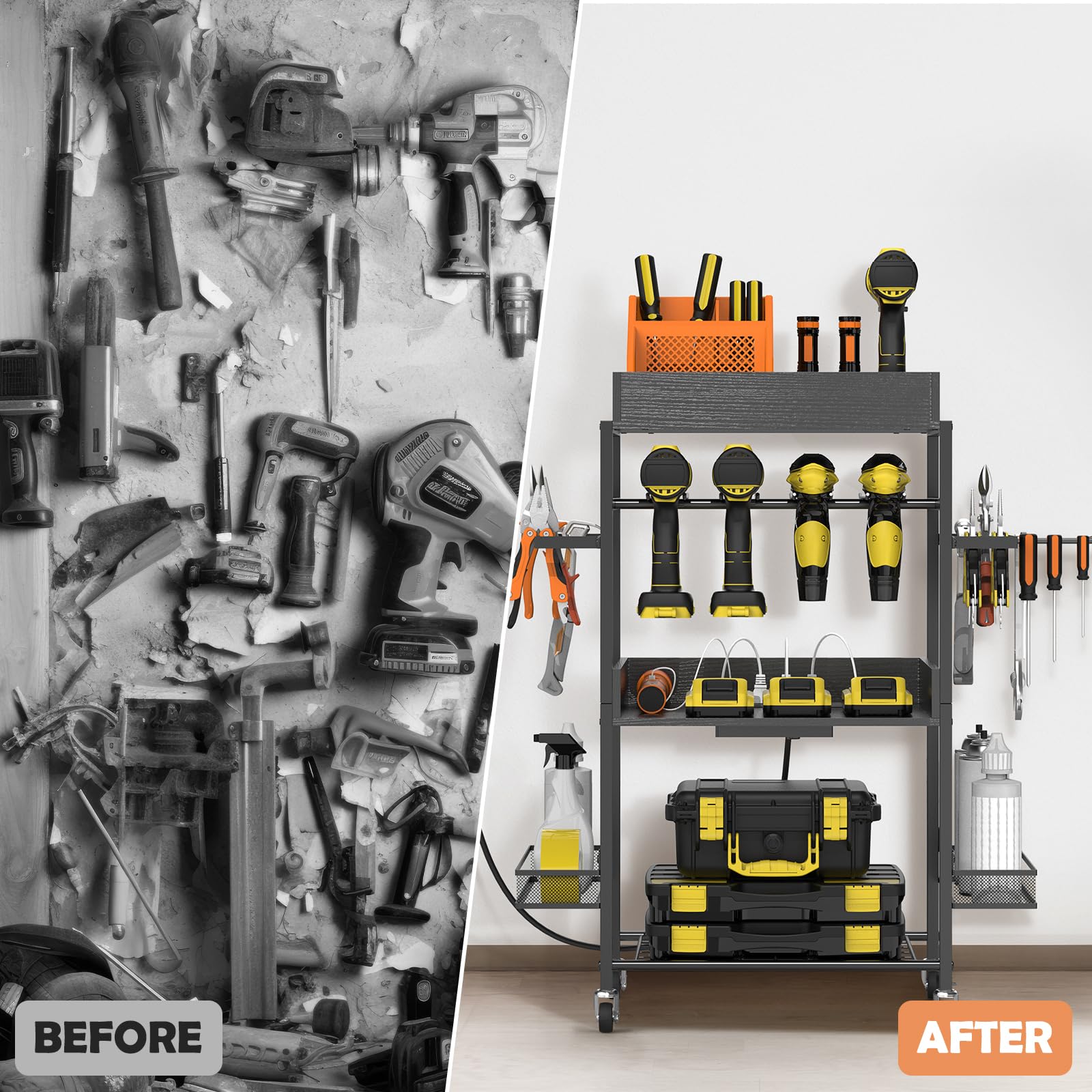 FAGIGY Rolling Power Tool Organizer – Mobile Tool Cart With Shelves, Drill Rack & Wheels (Black)