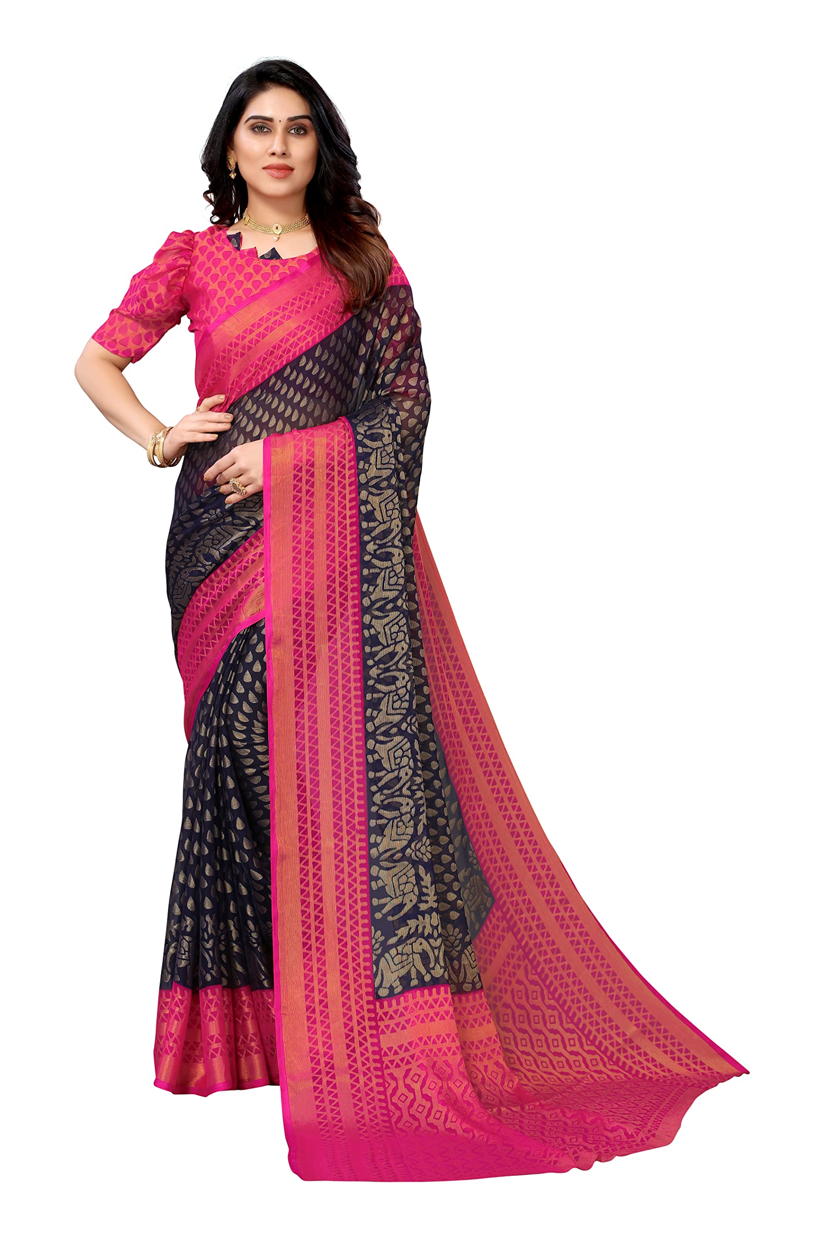 MubenoWomen's Chiffon Brasso Printed Saree with Blouse Piece (PS Brasso Diva_M), Navy, One Size