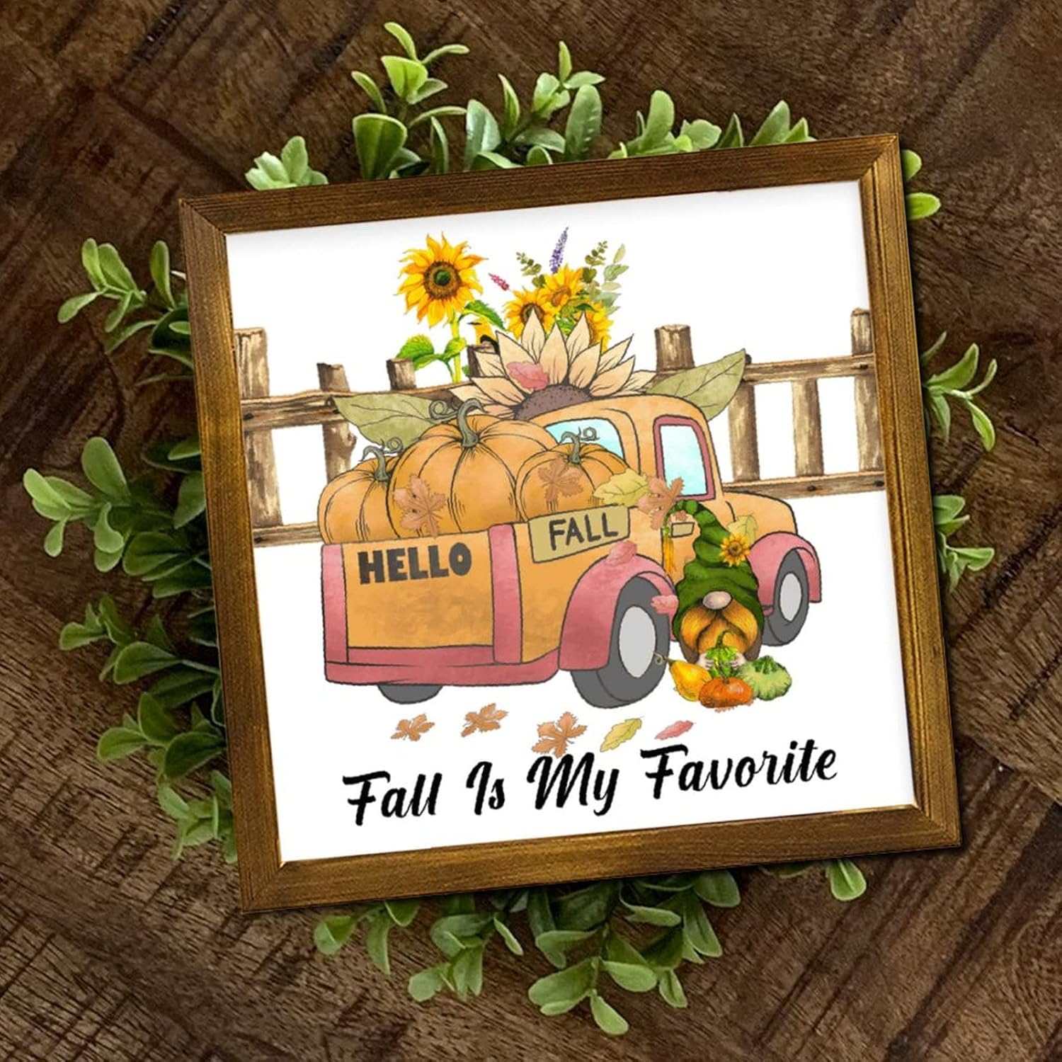 Fall is My Favorite Framed Wooden Sign Gnome Pumpkin Sunflower Orange Truck Door Sign Rustic Harvest Thanksgiving Home Family Wall Decorative for Laundry Room Bathroom Bedroom Home 12x12 inch