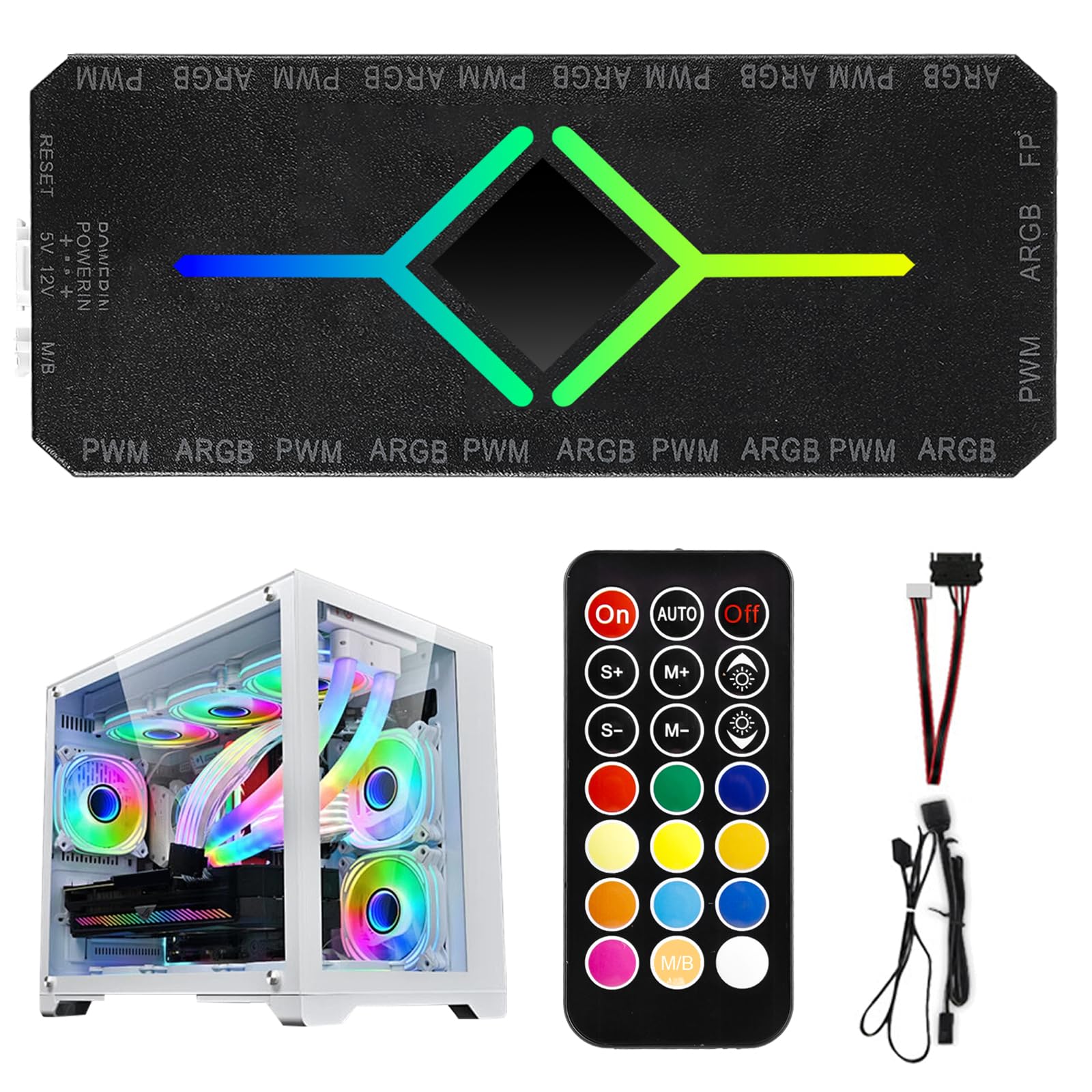 Hub de Ventilateur ARGB PWM 2 en 1 avec Contrôleur, 10 Connecteurs de Ventilateur PWM 4 Broches et 12 Ports 3 Broches 5V, Boîtier RGB avec Base Magnétique et Port SATA Power 20