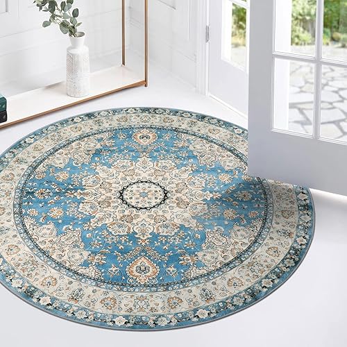 Lahome Alfombra redonda de medallón floral oriental, alfombra redonda pequeña azul de 3 pies, suave, antideslizante, lavable, alfombra de baño,
