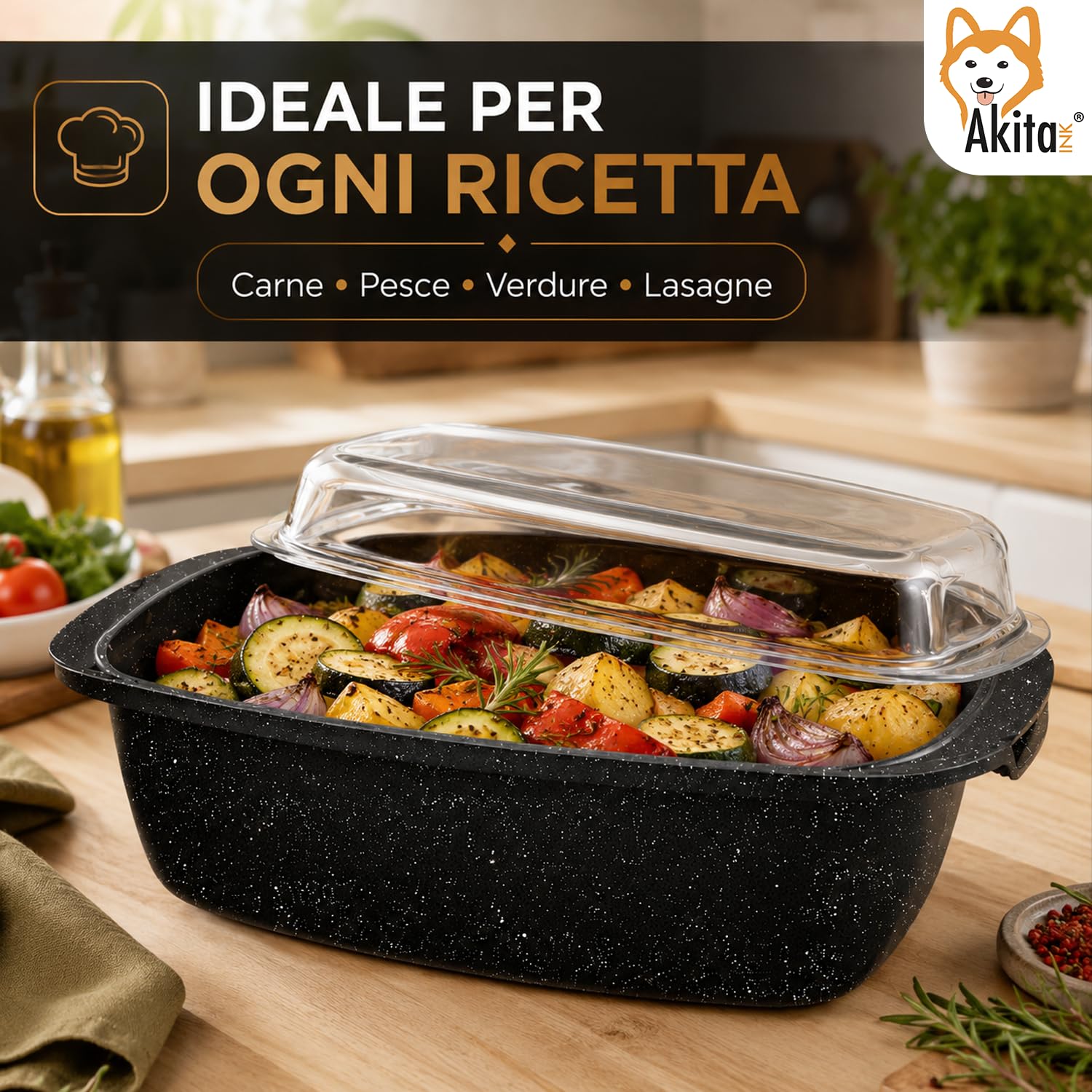 Akitaink Rostiera con Coperchio 32,5x21 cm, Teglia in Alluminio Pressofuso Antiaderente con Coperchio in Vetro, per Forno, Lavabile in Lavastoviglie