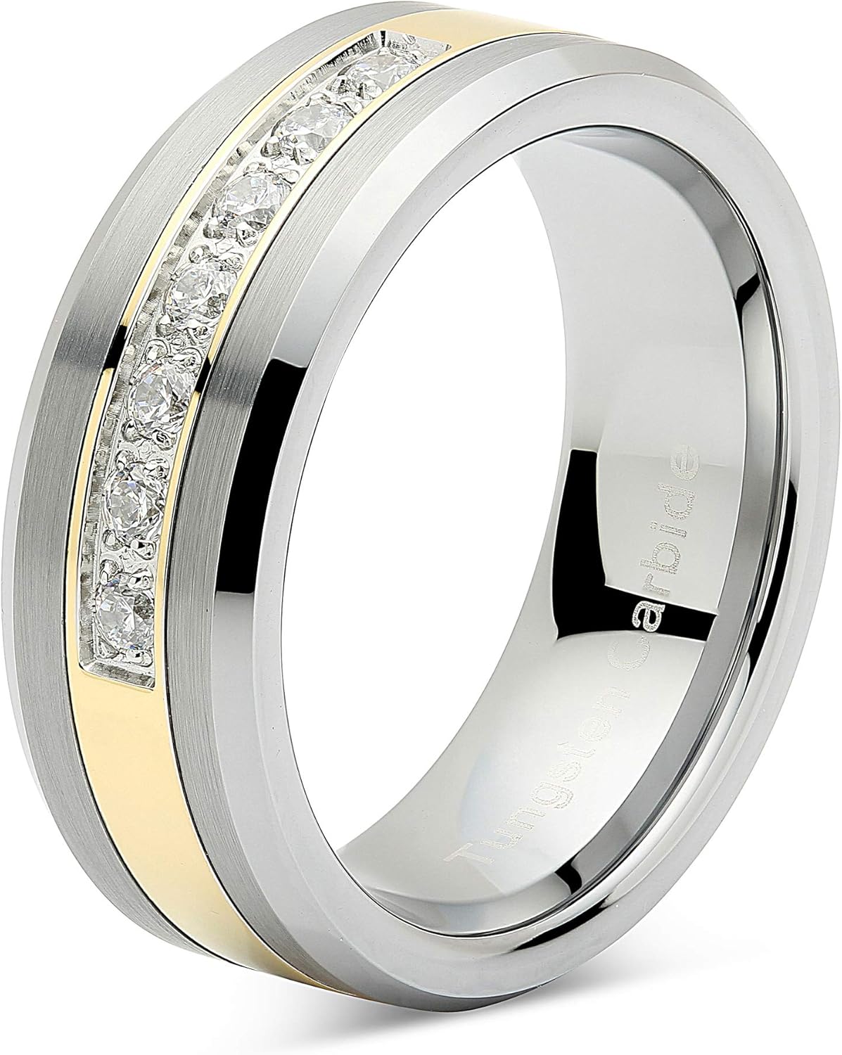 100S JEWELRY Tungsten Rings for Men Women Wedding Band Two Tone Gold Silver Cz Inlay Size 6-16 - Image 3