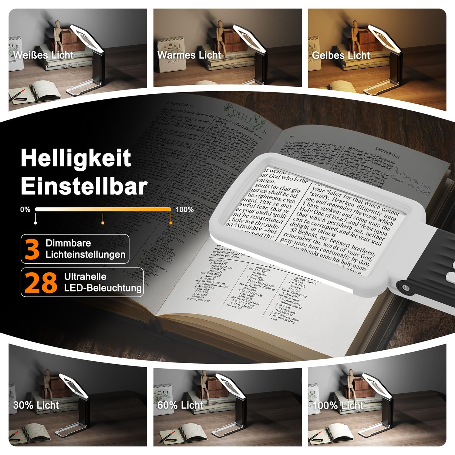 15X Lupe mit Licht und Ständer, Echtglaslinse Leselupe, Wiederaufladbare, Faltbare Große Handlupe, 3 Farbmodi Dimmbare, Beleuchtete Seitenlupe für Senioren, Juwelier - Weiß Schwarz
