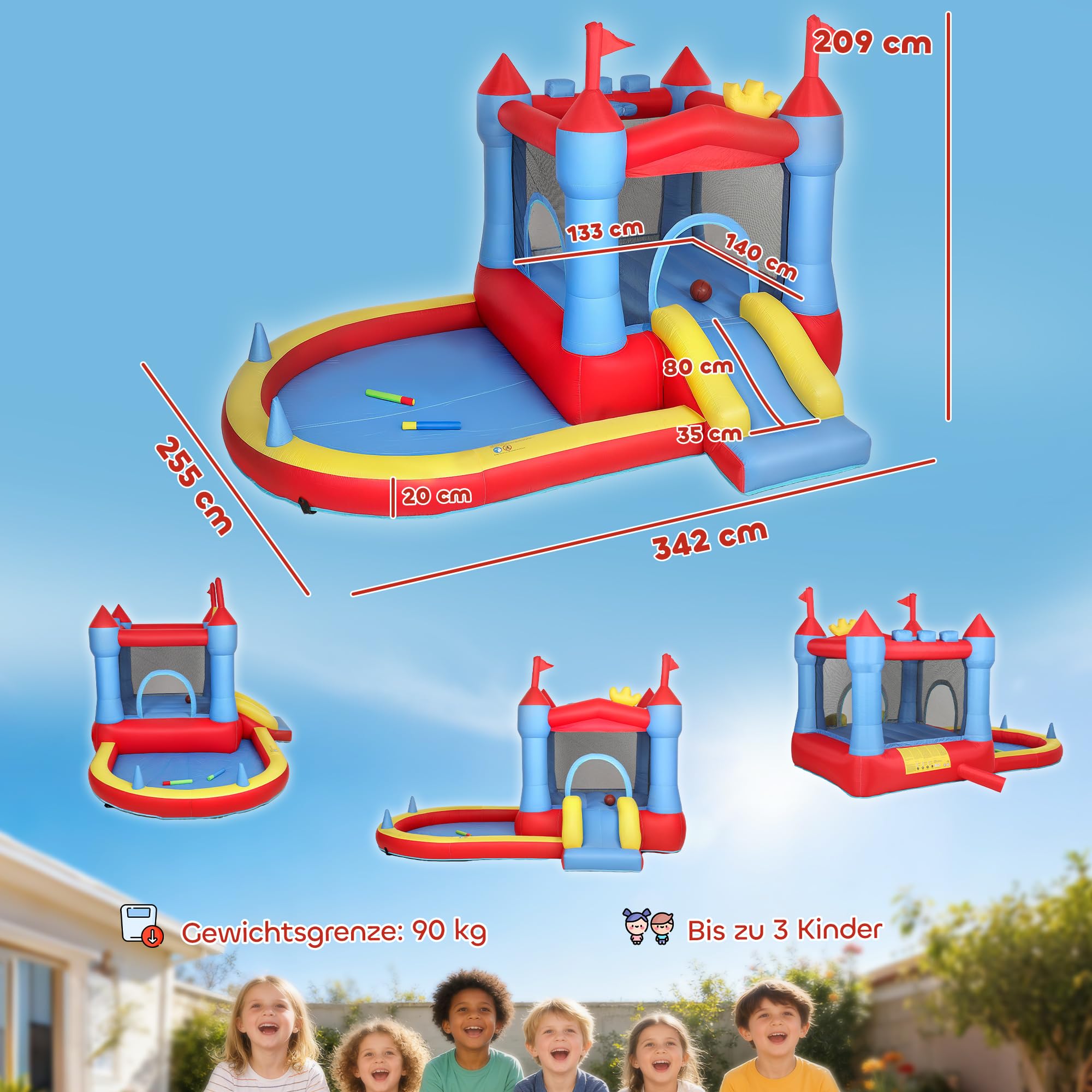 AIYAPLAY Hüpfburg mit Gebläse Aufblasbar Spielcenter mit Rutsche Trampolin Planschbecken/Bällebad Basketballkorb Wasserpistole Bouncy Castle für 3-8 Jahre Kinder für Indoor & Outdoor 342x255x209 cm