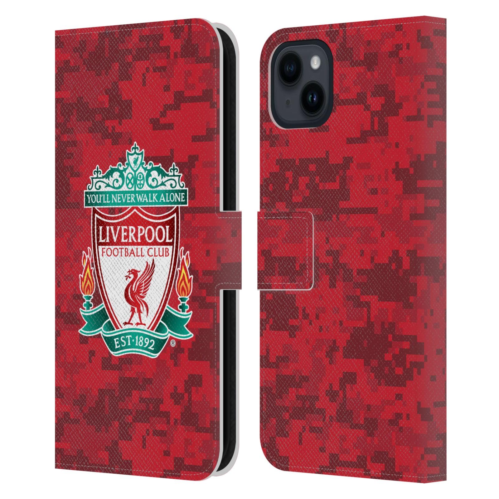 Head Case Designs Officially Licensed Liverpool Football Club Home Red Crest Digital Camouflage Leather Book Wallet Case Cover Compatible With Apple iPhone 15 Plus โ image 1