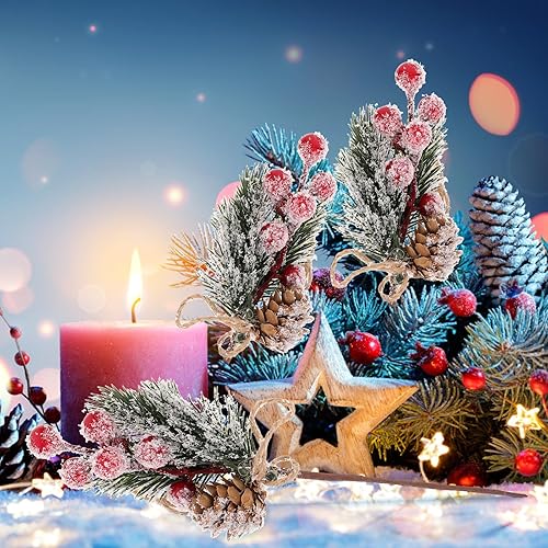 Miniatura 8 de MAGICLULU 10 piezas de ramas artificiales de pino de bayas rojas de Navidad, púas de pino, tallos de acebo surtidos con pino para arreglos florales