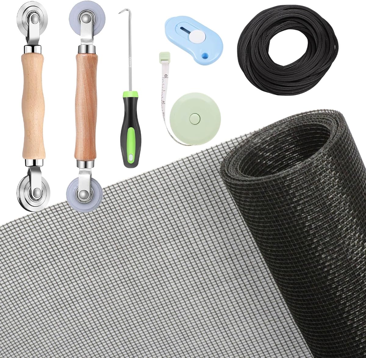 Windows Screen and Screen Door Repair Kit, 48"x118" Charcoal Fiberglass Mesh with Rolling Tool/Hook/Ruler/Cutter/Spline - Window Screen & Sliding Screen Door Replacement for Windows, TOOLTRIZ