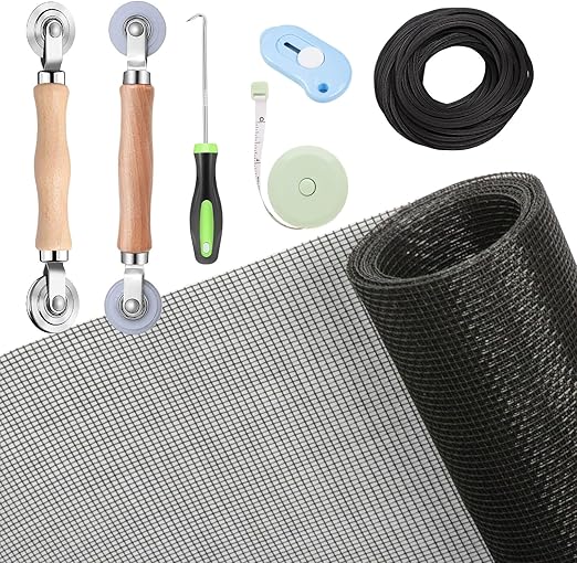 Windows Screen and Screen Door Repair Kit, 48"x118" Charcoal Fiberglass Mesh with Rolling Tool/Hook/Ruler/Cutter/Spline - Window Screen & Sliding Screen Door Replacement for Windows, TOOLTRIZ