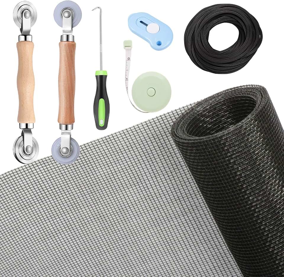Windows Screen and Screen Door Repair Kit, 48"x118" Charcoal Fiberglass Mesh with Rolling Tool/Hook/Ruler/Cutter/Spline - Window Screen &amp; Sliding Screen Door Replacement for Windows, TOOLTRIZ