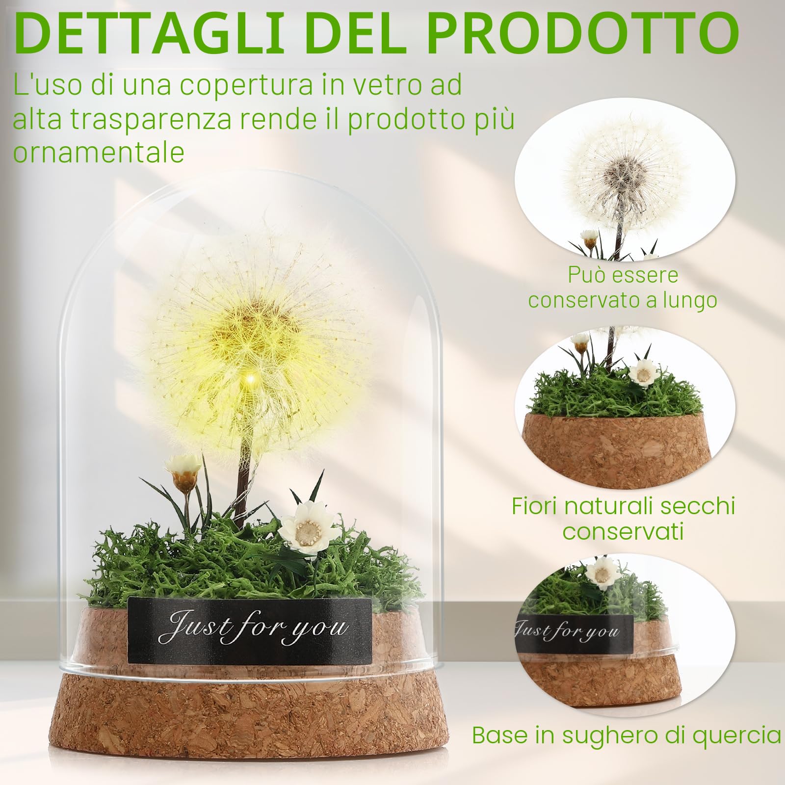 Vetro Fiore Desiderato Dente di Leone con Luce LED Regalo Decorativo Verde Smeraldo
