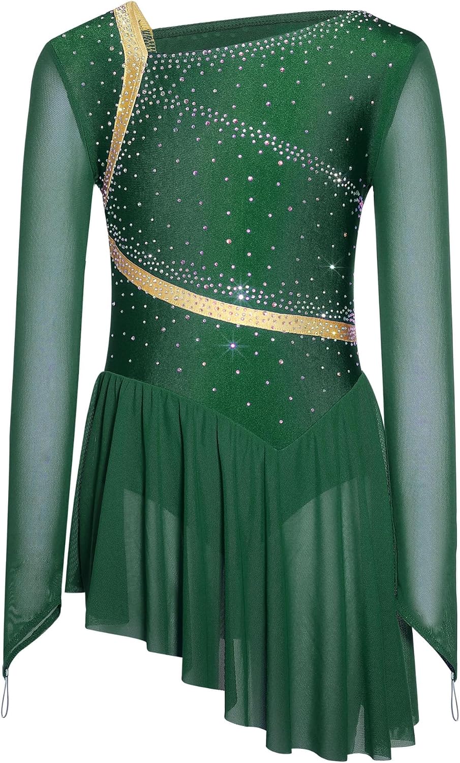 iEFiEL Girls Figure Skating Dress Sparkly Rhinestone Long Sleeve Backless Asymmetrical Lyrical Ballet Dress for Competitions