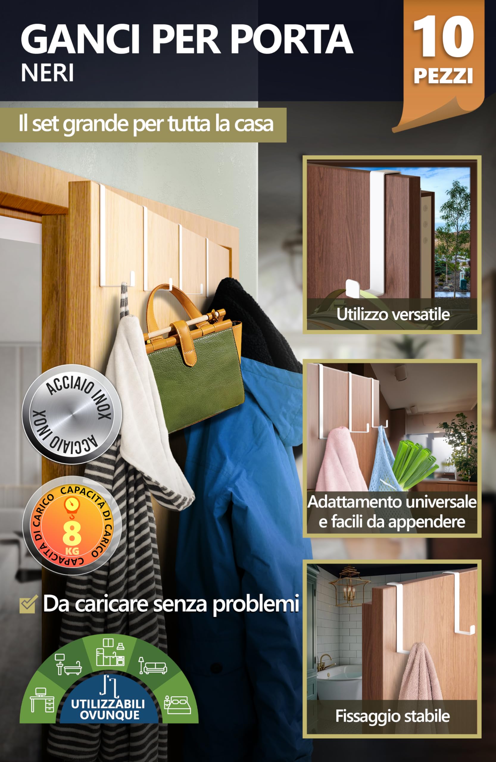 4smile Appendiabiti da Porta 1.6 cm 2.2 cm, 10 Pezzi in Bianco - Attaccapanni da Porta in Acciaio Inox, Durevole Appendi Accappatoio per Bagno, Universali Ganci Porta