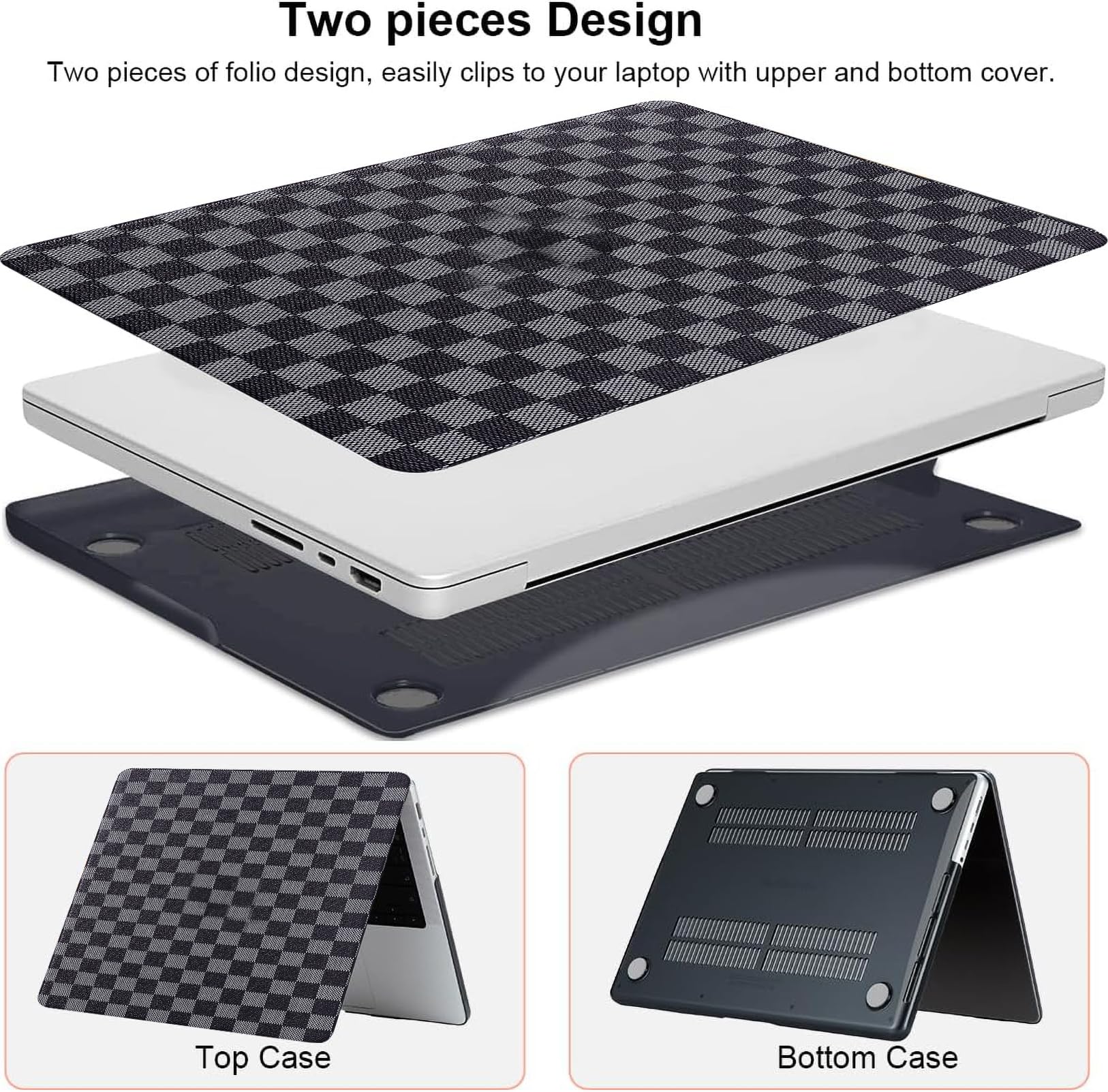 Funda a cuadros para MacBook Air de 15 pulgadas 2025 2024 2023 M4 A3241 M3 A3114 M2 A2941, elegante diseño de cuadrícula de ajedrez texturizado, funda rígida de piel sintética y cubierta para teclado