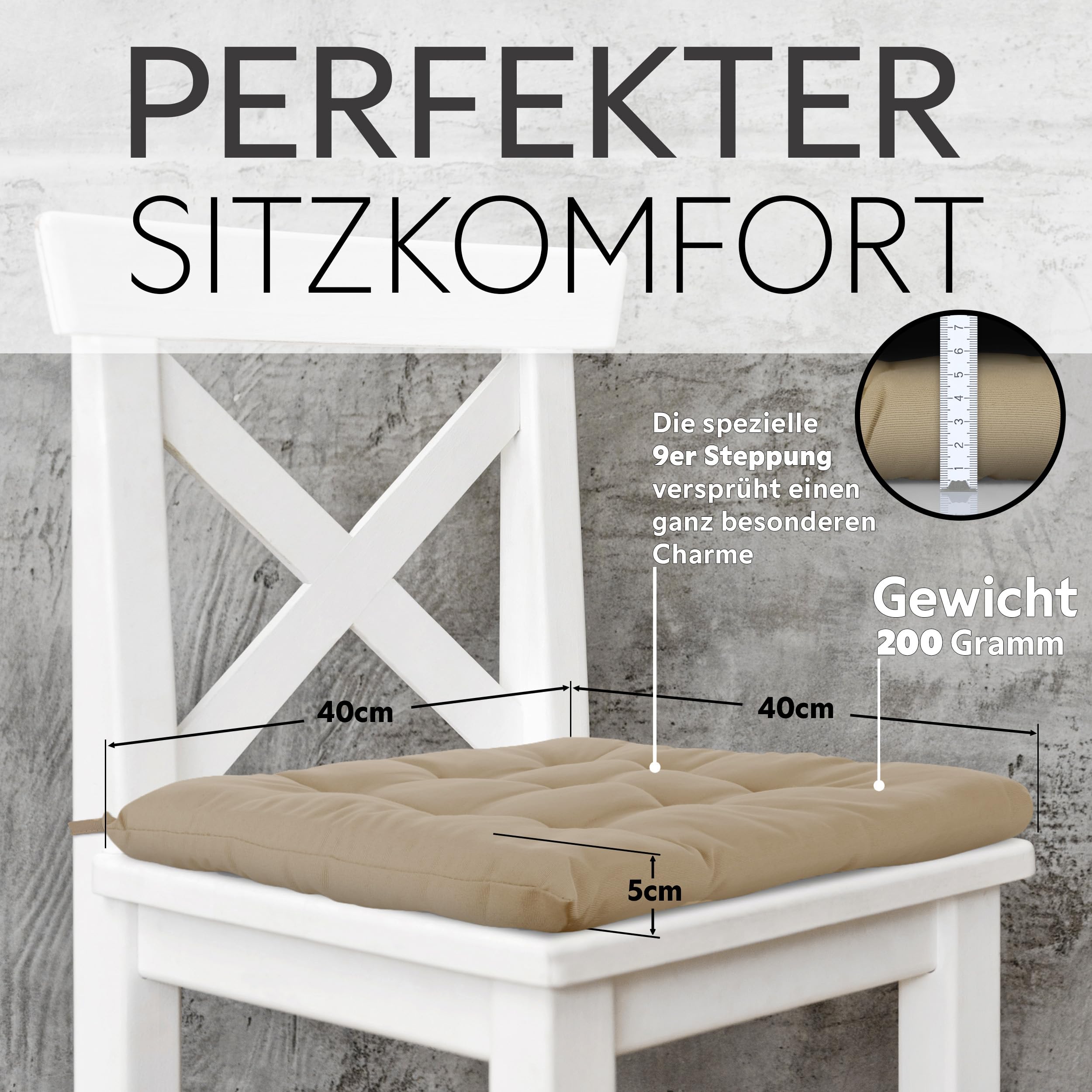 Brandsseller 6er Set Stuhlkissen 40x40x5 cm Sitzkissen Polster Stuhlauflage mit Haltebändern Dekokissen für Indoor Outdoor gesteppt - Taupe