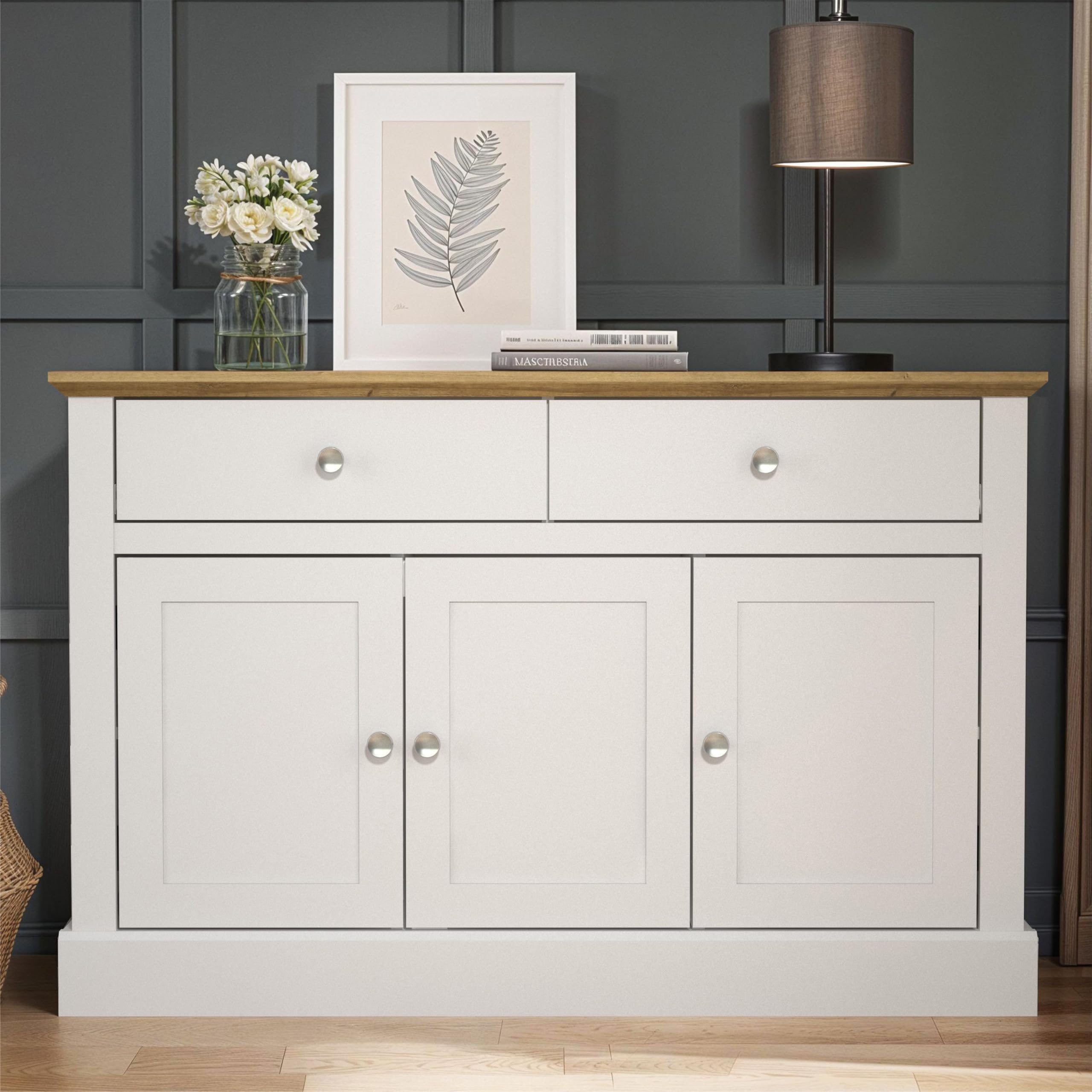 Galano Surrey 3 Door 2 Drawer Sideboard – Freestanding Storage Cabinet with Drawers and Cupboard for Living Room, Hallway, Entryway, or Kitchen – White/Oak