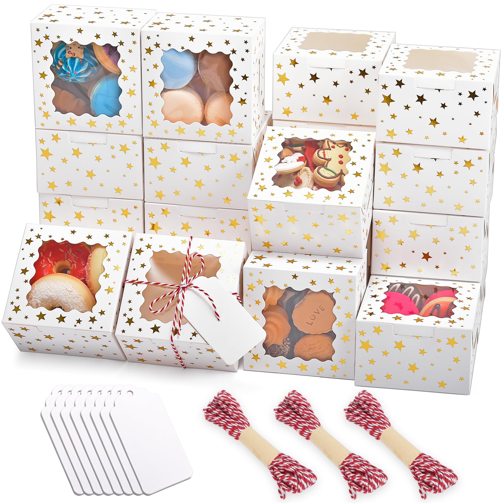 DOYIDE 32Pcs 4x4x2.5 in Christmas Cookie Boxes with Window, White Bakery Boxes for Cookie, Treat Boxes Pastry Boxes for Gift Giving, Chocolate Covered