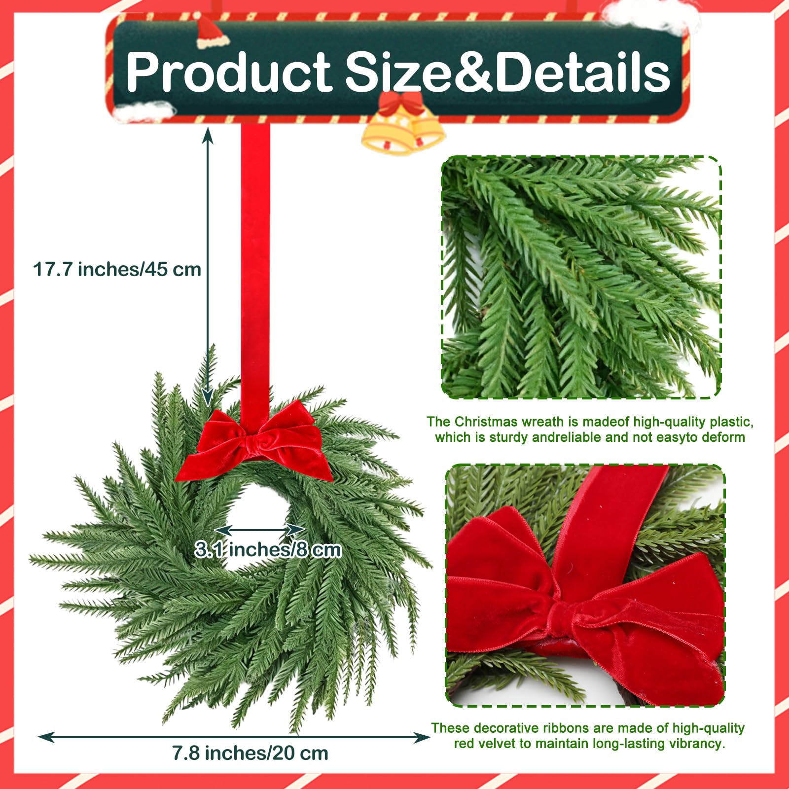 Paquete de 8 coronas pequeñas de Navidad Norfolk de 7.8 pulgadas para armarios de cocina con cinta de lazo de pino de Norfolk de tacto real, decoración colgante para ventana de Navidad, puerta