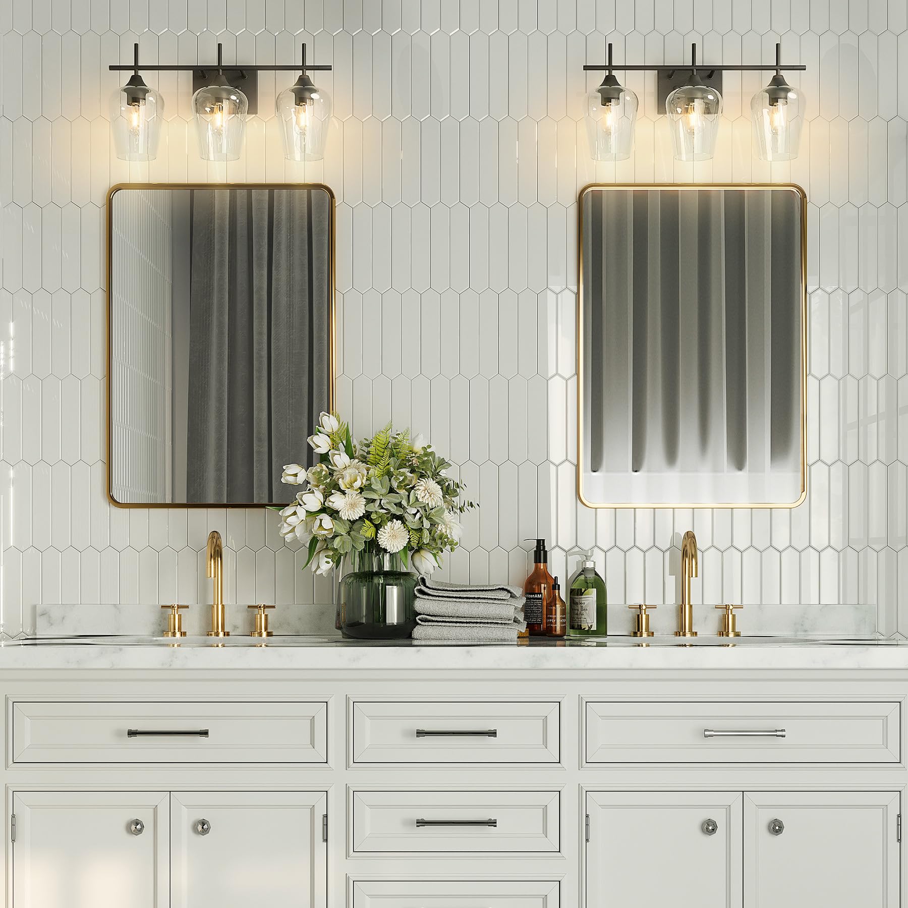 Lámpara de tocador de baño, lámpara de baño de 3 luces sobre el espejo, lámpara de pared de baño con vidrio transparente, accesorios de iluminación negros modernos para baño, dormitorio 6