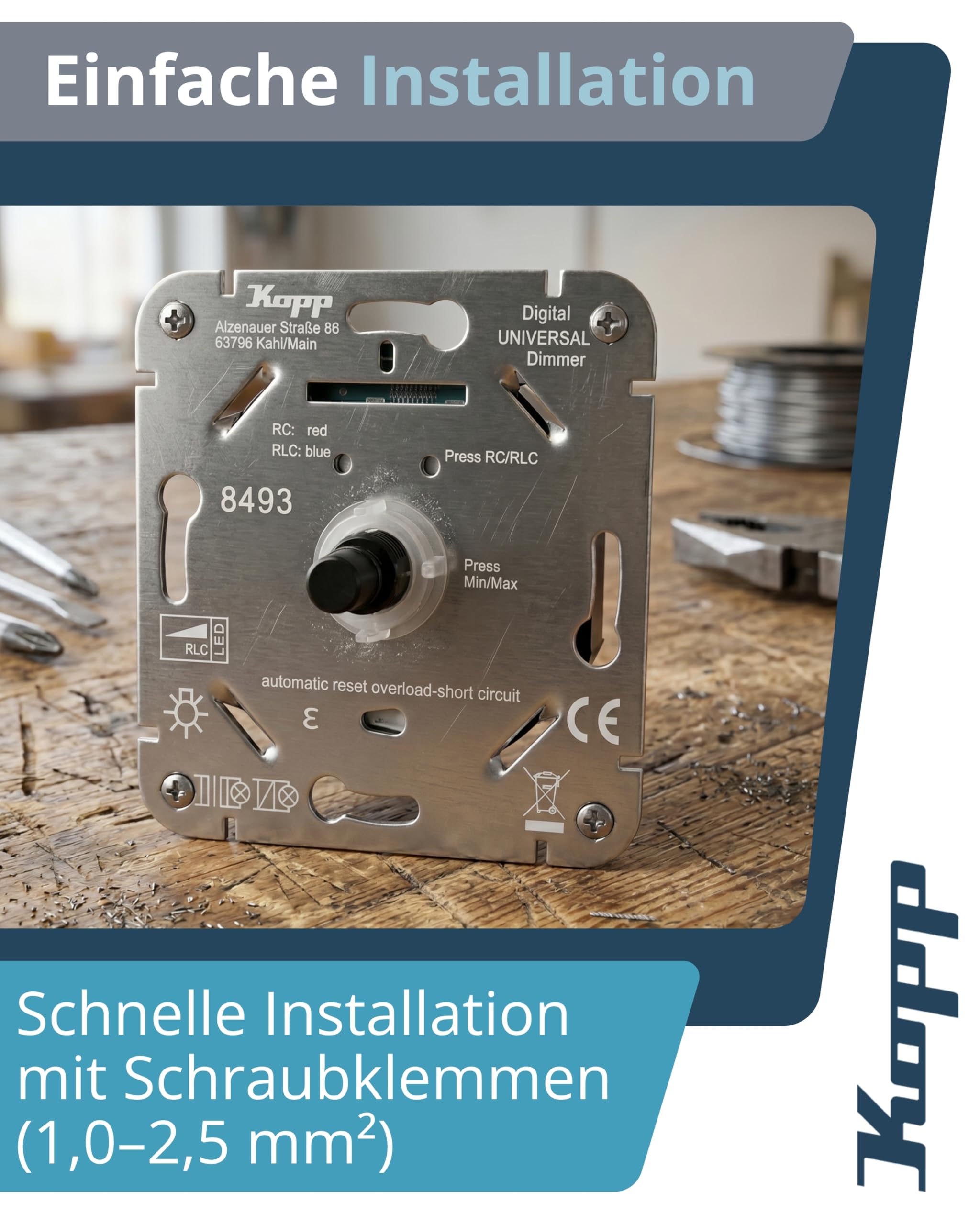 Kopp Digitaler LED-Druck-Wechseldimmer RLC 250 W, Glüh- und 230V-Halogenlampen, Phasenanschnitt und Phasenabschnitt, 230VAC, 50Hz, 250W, LED 150W, 100VA