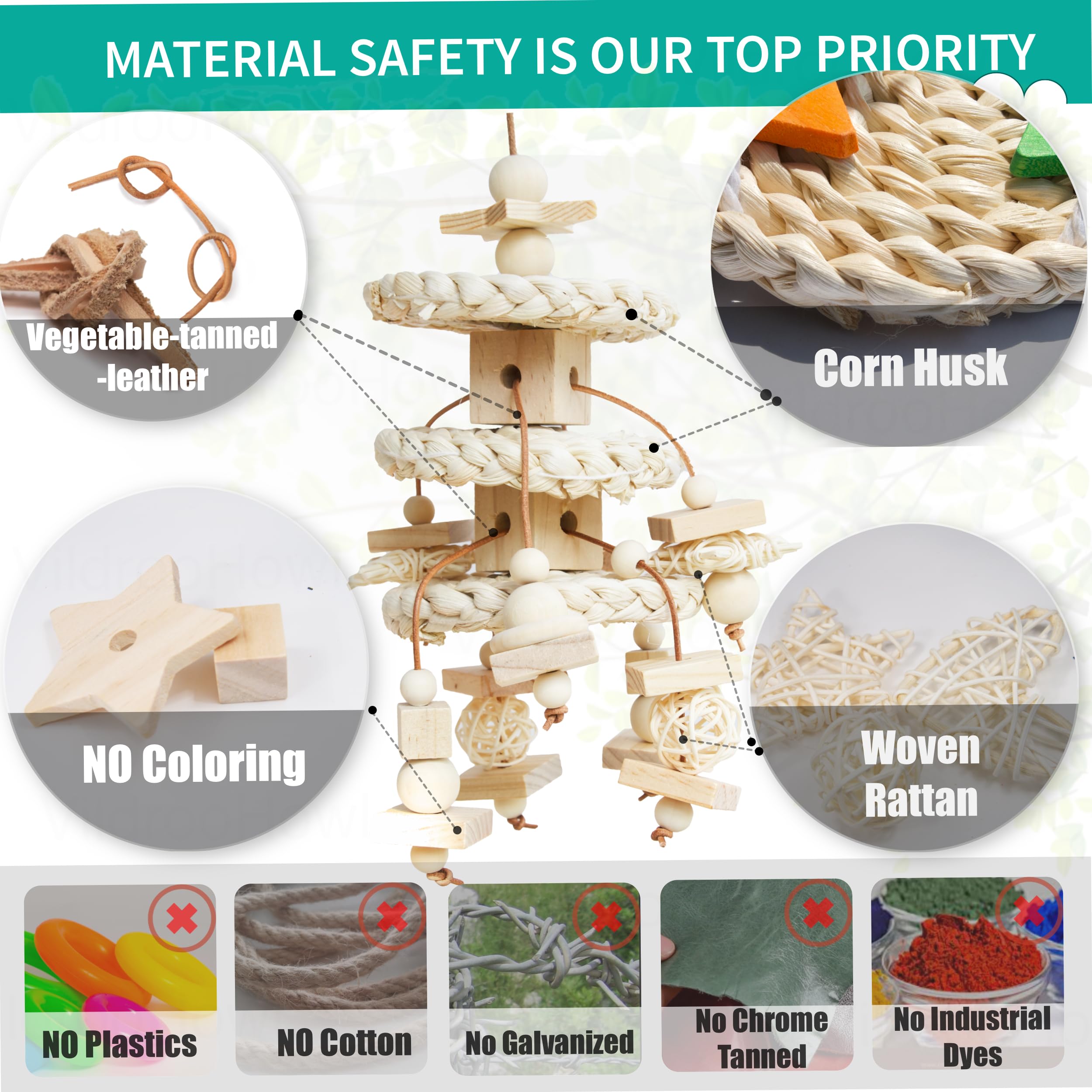 Natural Bird Toys for Quaker Parrot, Lovebird, Parakeet, Cockatiel & Conure – for Chewing, Shredding & Foraging, Corn Husk, Wood & Vine with Leather Cord for Small & Medium Birds - image 3