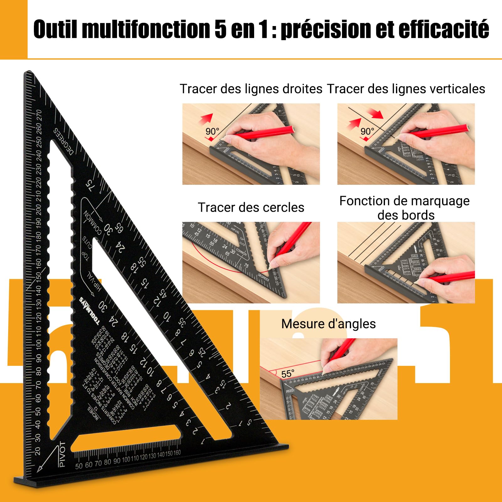 300 mm Equerre Menuisier, Équerre Charpentier Multifonction Avec Surface Innovante EffaçAble, Crayon De Menuisier, Taille-Crayon, Aluminium Equerre De Menuisier Pour Charpentiers, IngéNieurs