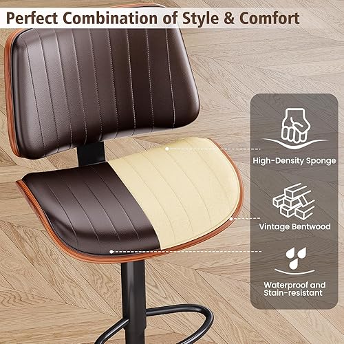 Miniatura 5 de Juego de 2 Taburetes de Bar, Taburetes de Bar para Isla de Cocina con Respaldo de Madera Curvada y Asiento de Cuero, Taburetes Giratorios para Marrón