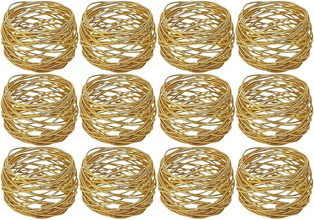 Kaizen Casa Handmade Gold Round Mesh Napkin Rings Holder for Dinning Table Parties Everyday, Set of 12 (Gold, 12)