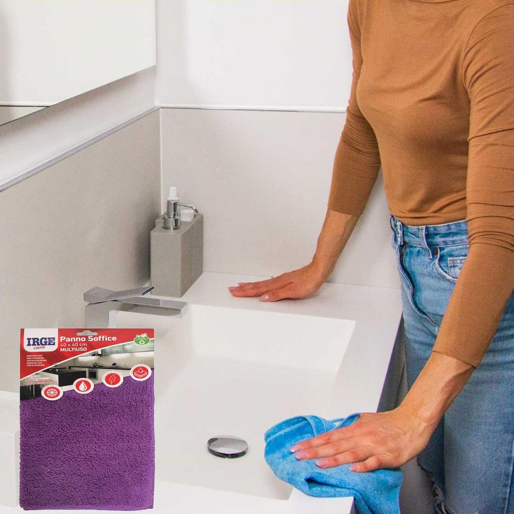 Sicignano – Tissu doux multi-usages en microfibre, extra volume, ultra absorbant, zéro halos – pour surfaces délicates et sols, lavable et réutilisable, couleurs assorties (2, 40 x 40 cm)