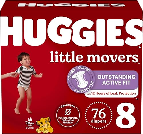 Huggies Pañales tamaño 8, pañales Little Movers para bebé, talla 8 (46+ libras), 76 unidades (2 paquetes de 38), el embalaje puede variar