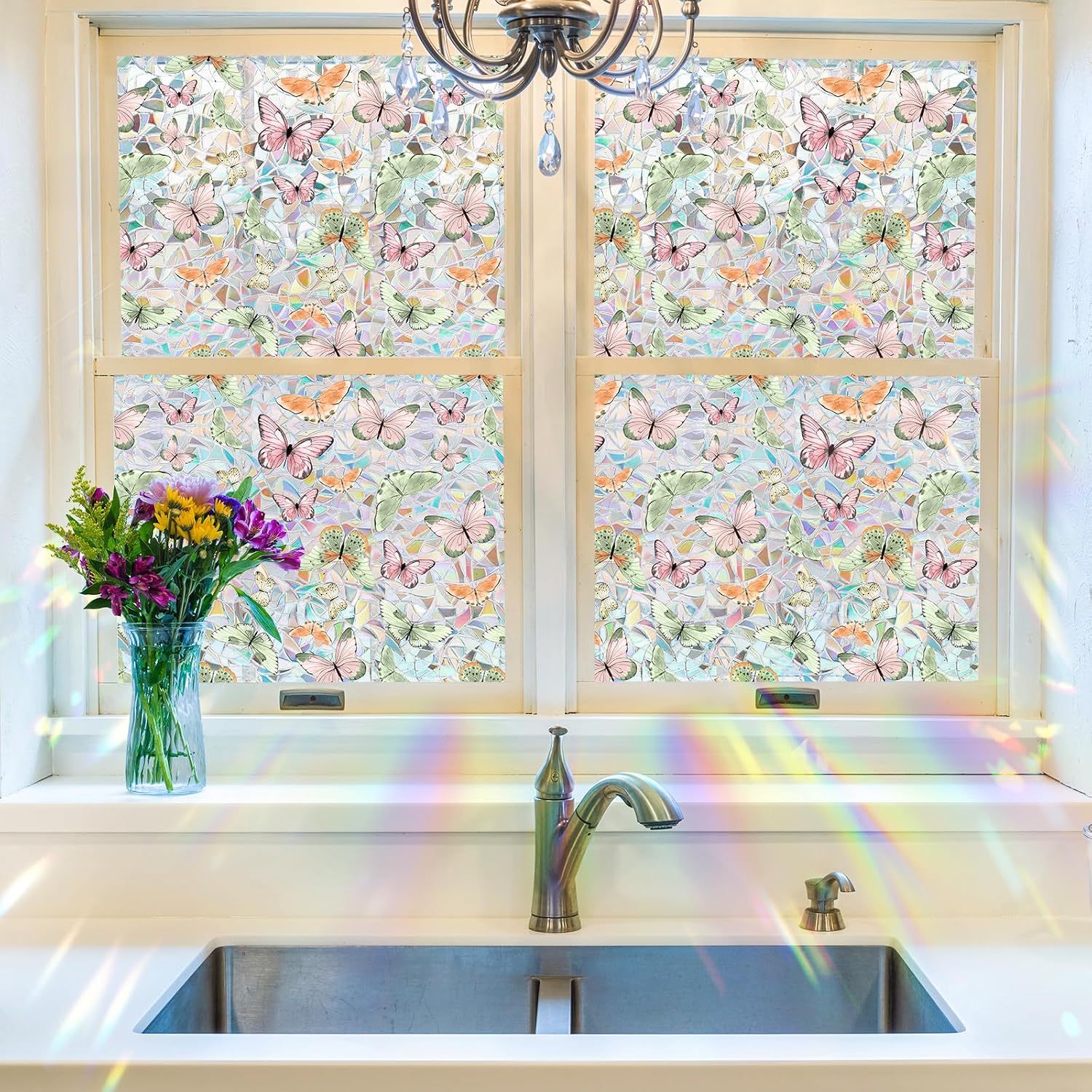 Butterfly Stained Glass Privacy Window Film Decorative, Summer Sunroof Decal Rainbow Window Stickers Car Window Decals for Glass Door Moonroof Heat Control Non-Adhesive, 16.9" x 39.4"