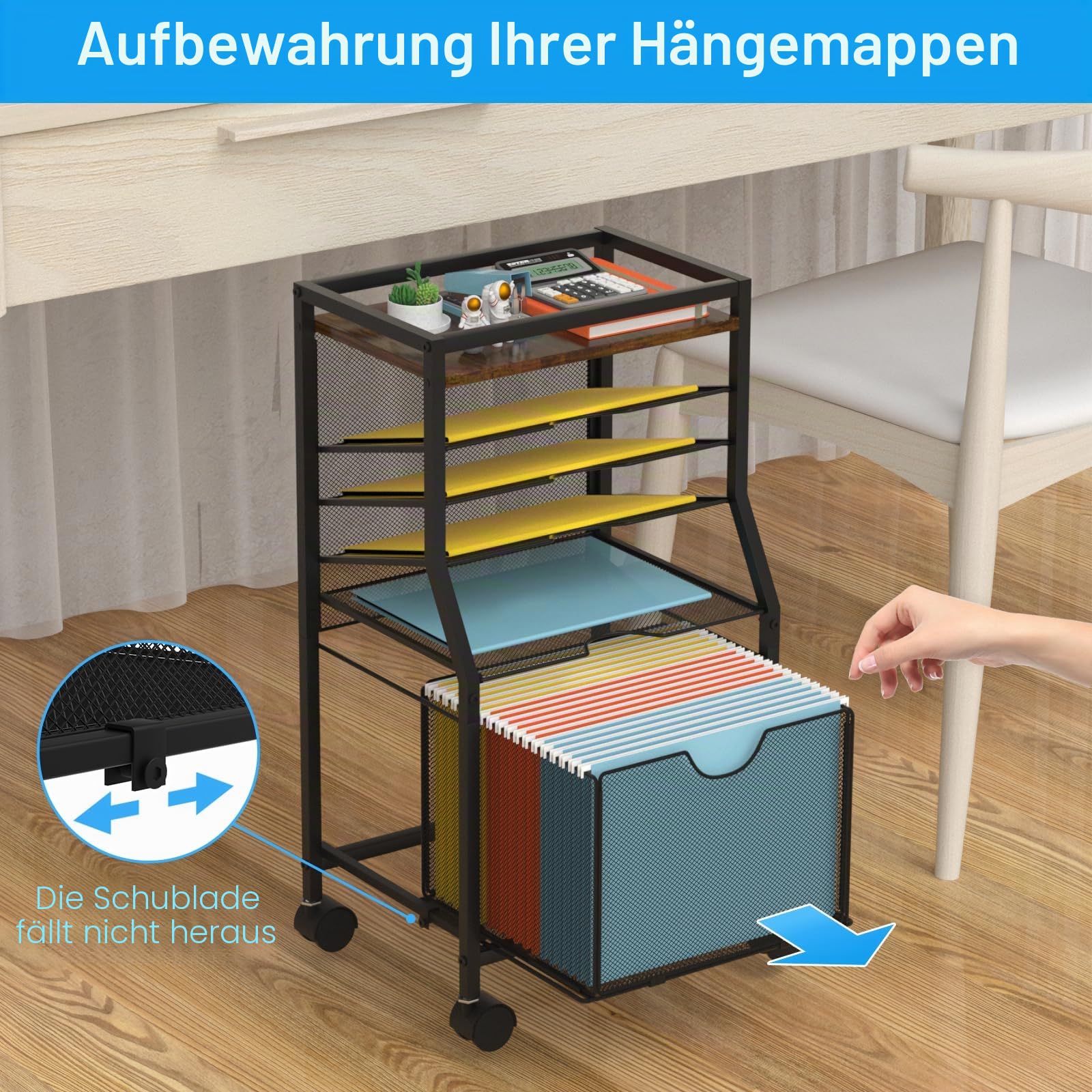 BOHDK Aktenwagen mit Schublade zum Aufhängen von Aktenordnern, Sdurty Bürowagen für unter dem Schreibtisch, Holz- und Netzpapierablagen für Büro, Zuhause, Schule (Braun)
