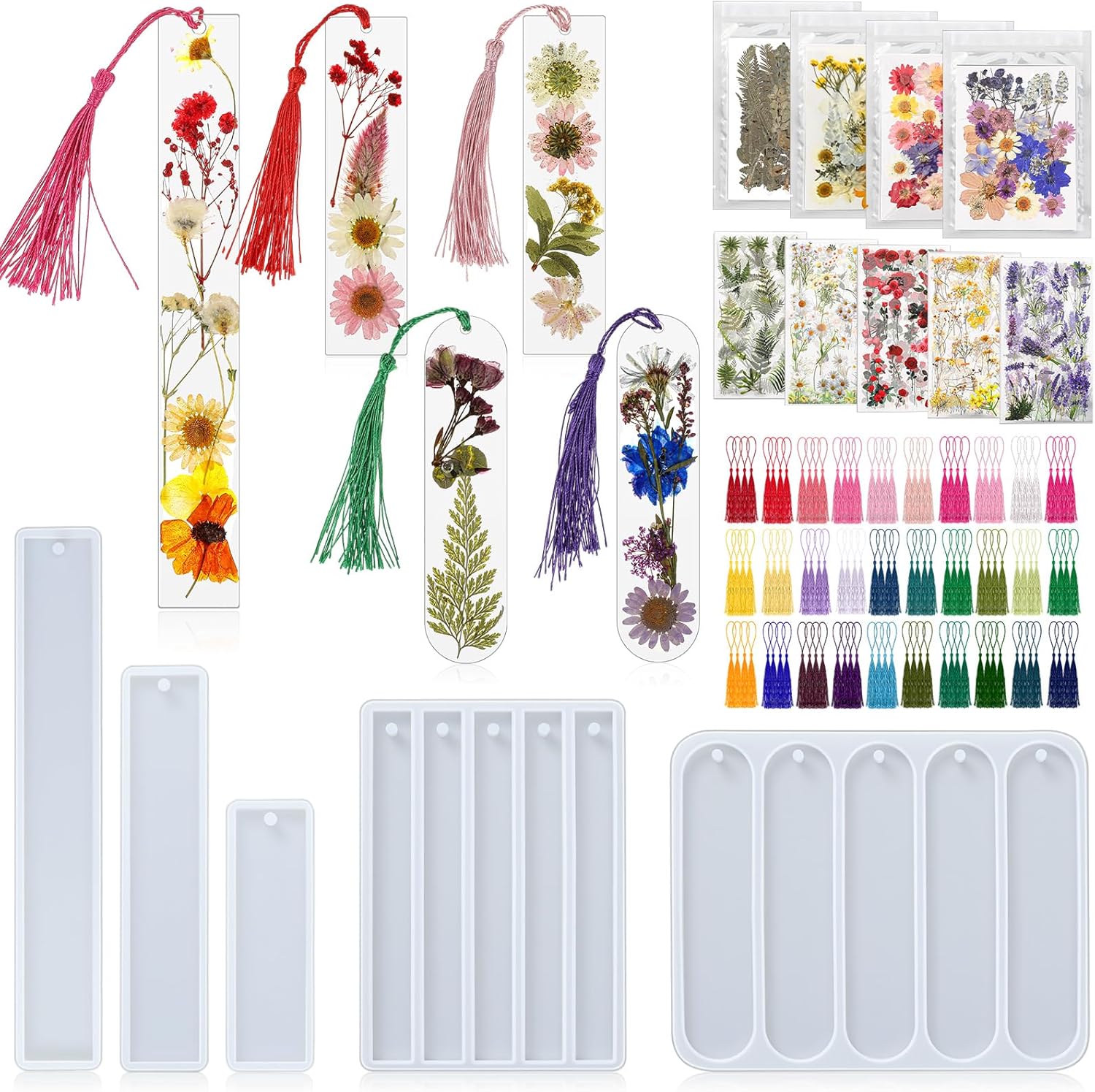 Fuyoooo Dried Flower Bookmarks Includes 5 Pcs Silicone Resin Bookmark Mold, 150 Pcs Colorful Tassels, 4 Pack Dried Flowers, 5 Set Flower Stickers DIY Bookmarks Kit for Book Lovers Woman Birthday Gifts