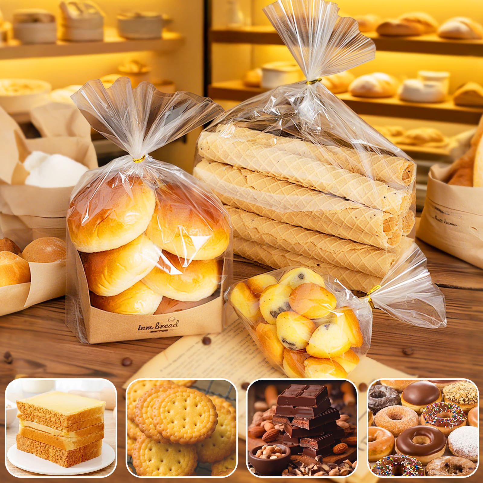 100 Pezzi Sacchetti Trasparenti per Confezioni 25x15cm, Bustine Cellophane per Pane Fresco Caramelle, Biscotti, Frutta, Gioielli con 100 Bande Metalliche per Feste Matrimonio Compleanno Bambini Regalo