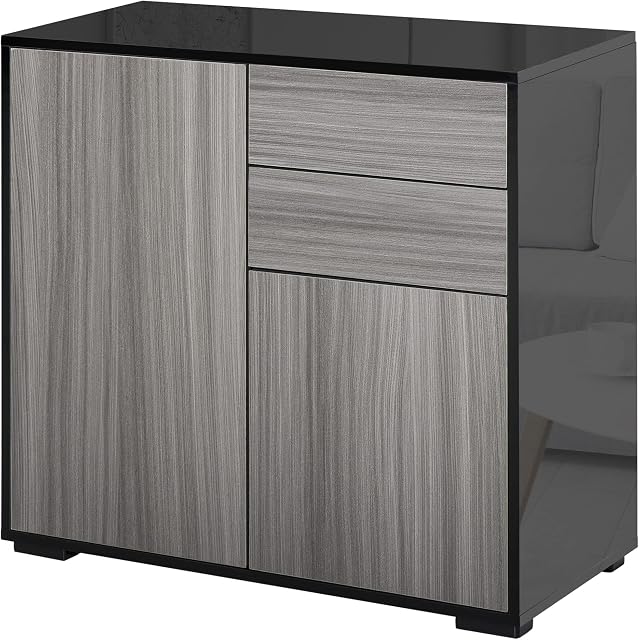 HOMCOM High Gloss Frame Sideboard Push-Open Design with 2 Drawer for Living Room, Bedroom, Light Grey and Black