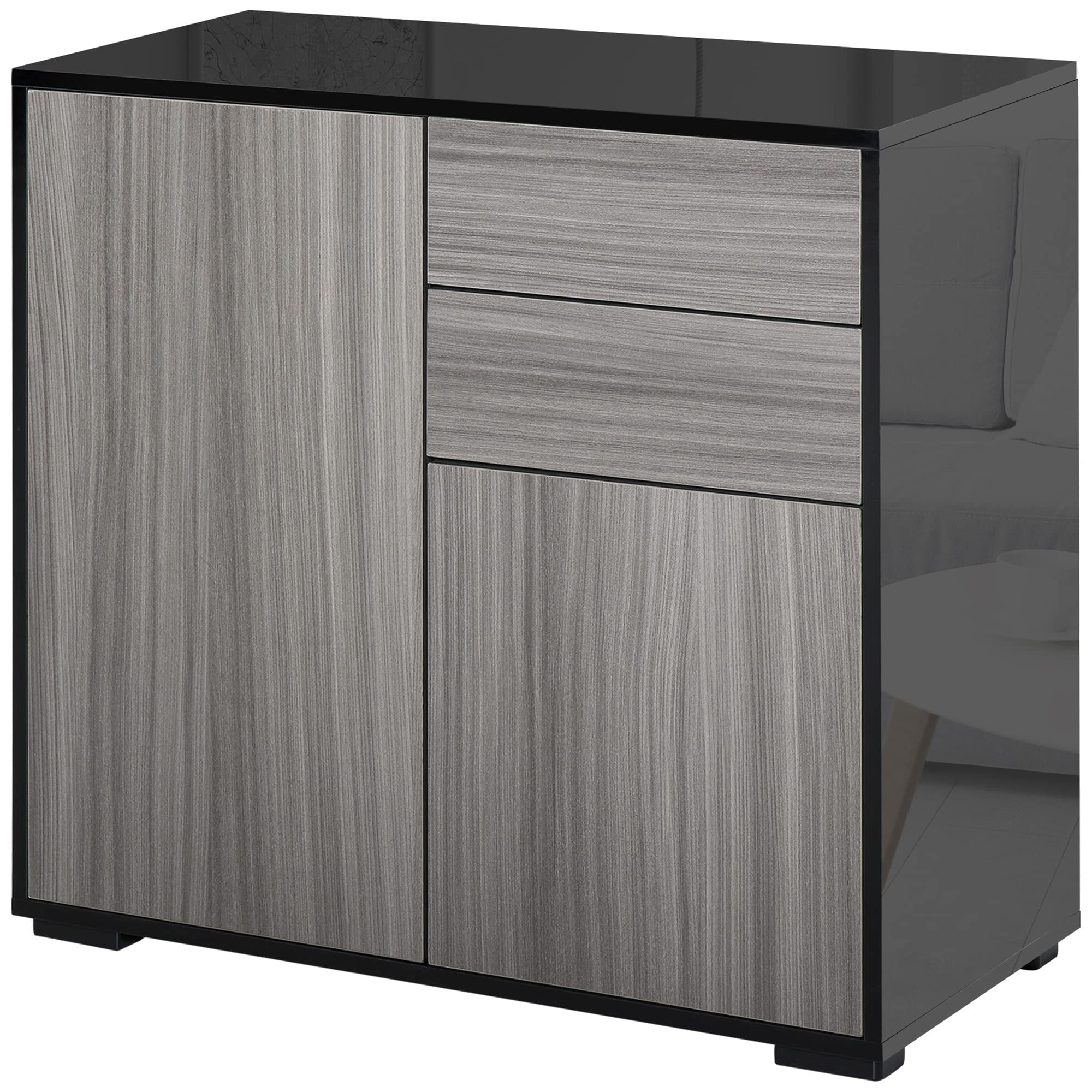 HOMCOM High Gloss Frame Sideboard, Side Cabinet, Push-Open Design with 2 Doors for Living Room, Bedroom, Light Grey and Black