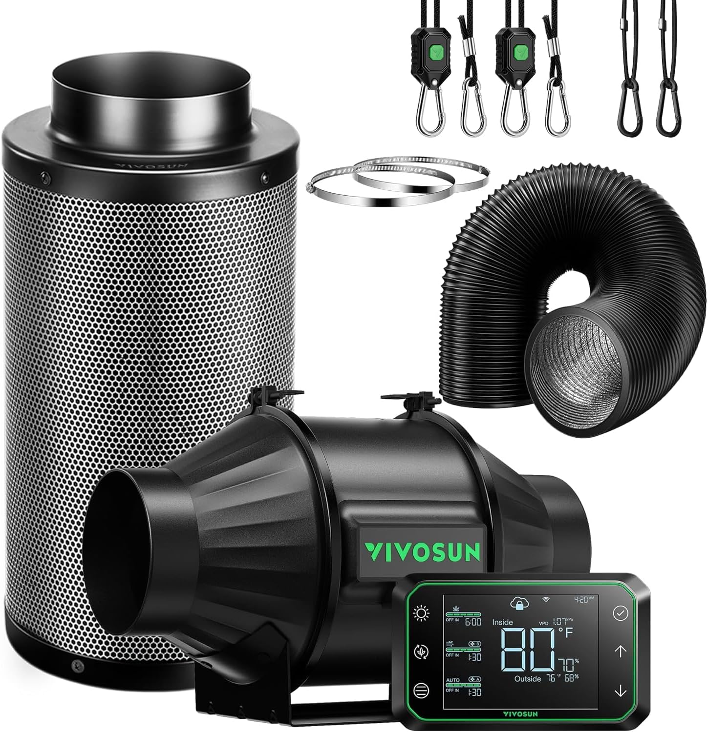VIVOSUN Smart Air Filtration PRO T4 Kit 4", AeroZesh T4 Inline Duct Fan w/GrowHub E42A Temp. Humidity WiFi-Controller, Carbon Filter & Ducting, Cooling & Ventilation System for Grow Tent, Hydroponics 4 Inch Pro-T Series