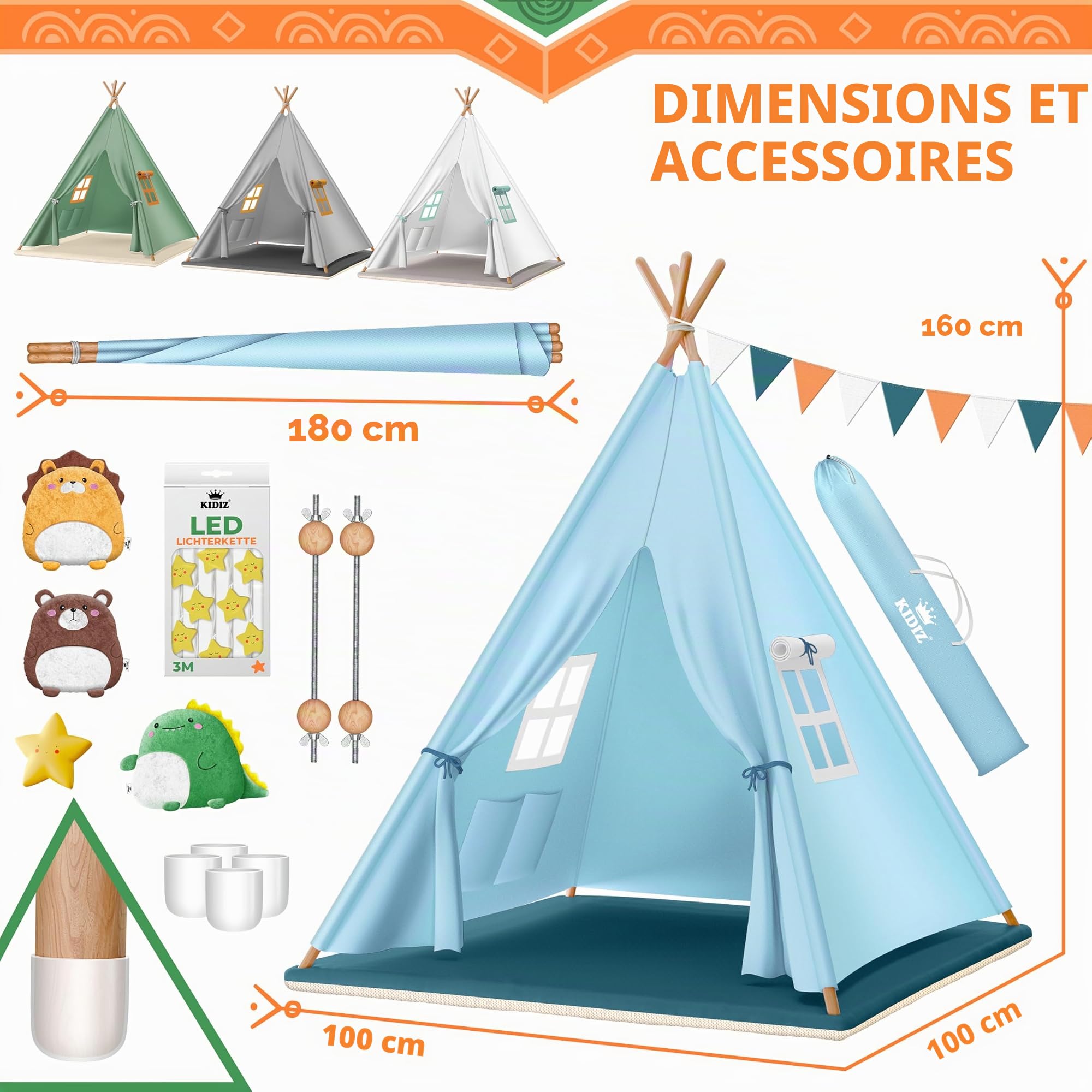 KIDIZ® Tente de jeu pour enfant 100 x 100 x 160 cm en coton avec guirlande LED, étoiles lumineuses, guirlande de drapeaux, 3 animaux en peluche, tapis et sac de transport