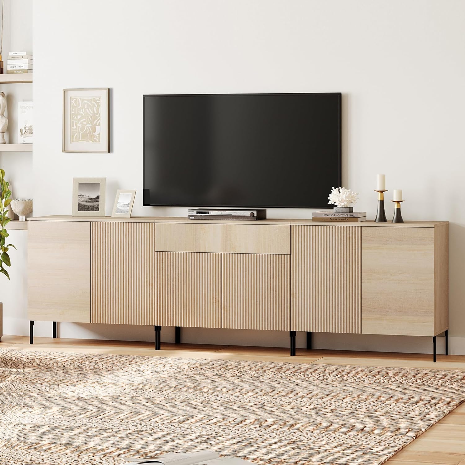 WAMPAT 3 in 1 Modern TV Stand for 100+ Inch TV, 94.5" W Fluted TV Entertainment Center with Storage Cabinets and 6 Cabinet Doors, Wooden TV Console Table with Storage for Living Room, Beige